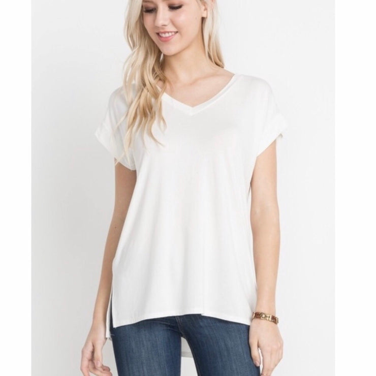 Bamboo Short Sleeve Vneck Top in Color Off White, buttery soft and silky smooth to the touch