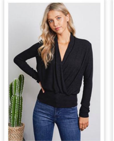 Black Soft Knit Wrap Front Long Sleeve