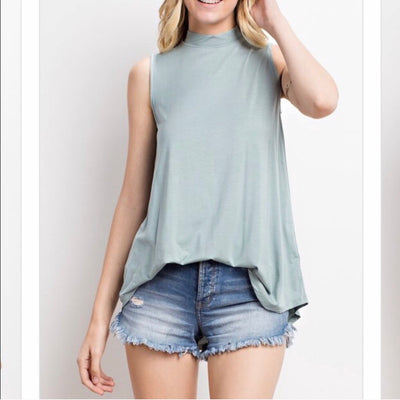 Bamboo Mock Neck Tank Top in a gorgeous aqua Color called woodsage, buttery soft and silky smooth to the touch