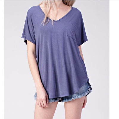Bamboo Vneck Pocket Short Sleeve Tee Top in Color Blue Iris, buttery soft and silky smooth to the touch
